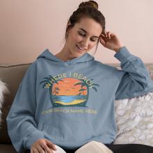 Load image into Gallery viewer, Where I Beach Sunset Hoodie Customizable Beach Name