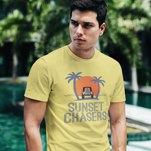 Load image into Gallery viewer, Sunset Chasers jeep palm tree beach scene women's men's t-shirt