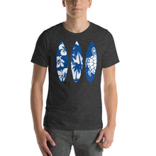Load image into Gallery viewer, T-Shirt with Surf Boards of Sea Turtle, Palm Trees, and Beach Flowers