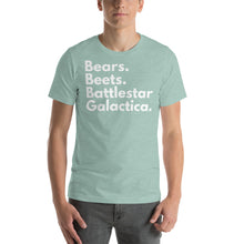 Load image into Gallery viewer, Bears. Beets. Battlestar Galactica. Short-Sleeve Unisex T-Shirt - Cabo Easy