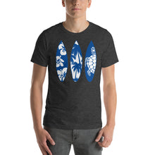 Load image into Gallery viewer, T-Shirt with Surf Boards of Sea Turtle, Palm Trees, and Beach Flowers
