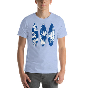 T-Shirt with Surf Boards of Sea Turtle, Palm Trees, and Beach Flowers