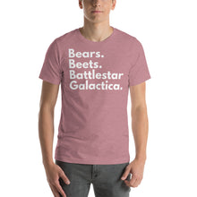 Load image into Gallery viewer, Bears. Beets. Battlestar Galactica. Short-Sleeve Unisex T-Shirt - Cabo Easy
