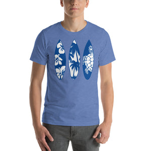 T-Shirt with Surf Boards of Sea Turtle, Palm Trees, and Beach Flowers
