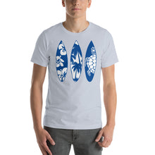 Load image into Gallery viewer, T-Shirt with Surf Boards of Sea Turtle, Palm Trees, and Beach Flowers
