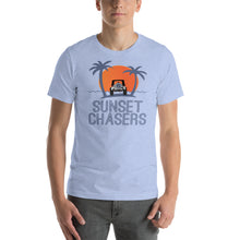 Load image into Gallery viewer, Sunset Chasers jeep palm tree beach scene women&#39;s men&#39;s t-shirt
