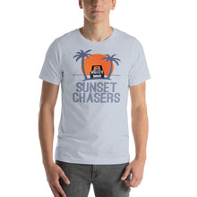 Load image into Gallery viewer, Sunset Chasers jeep palm tree beach scene women&#39;s men&#39;s t-shirt
