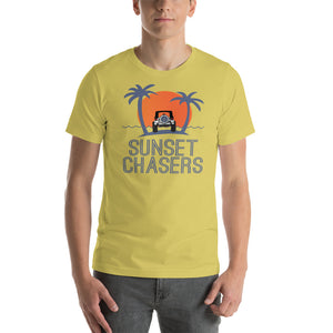 Sunset Chasers jeep palm tree beach scene women's men's t-shirt