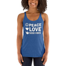 Load image into Gallery viewer, Peace, Love, Good Vibes Women&#39;s Racerback Tank - Cabo Easy
